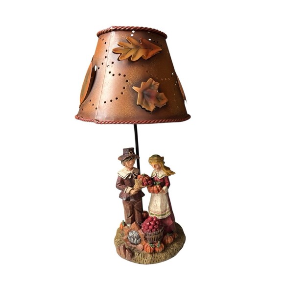 Thanksgiving Pilgrims Tealight Candle Holder 3D Fall  Leaf Shade Orange Brown 9" - Picture 1 of 5